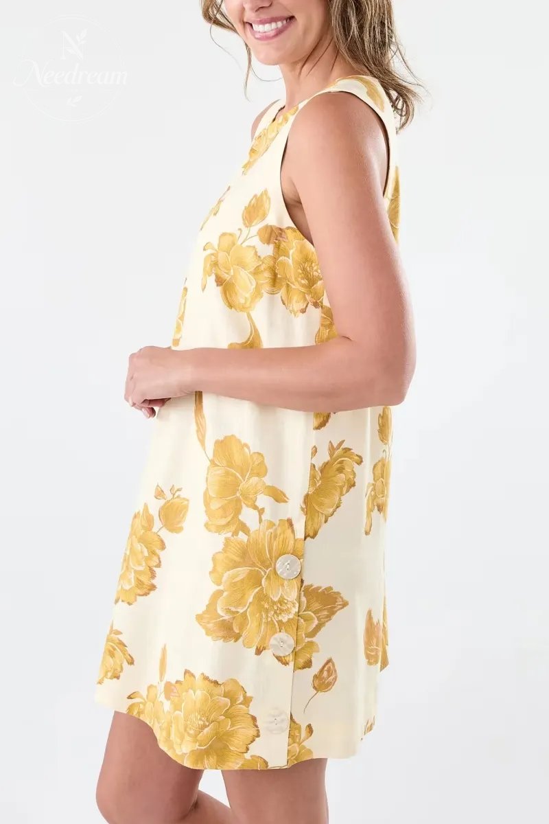 Sleeveless Linen BlendButton Detail Mini Dress