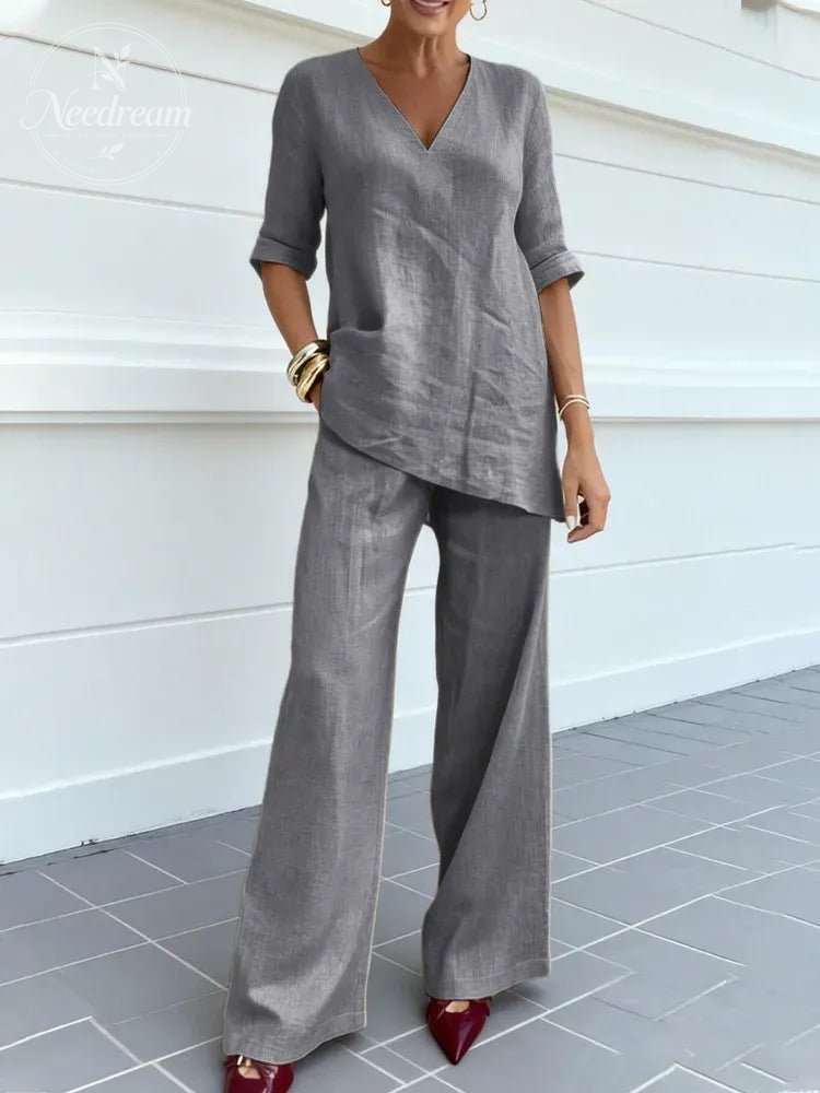 Two-Piece Set Of Short-Sleeved Top And Straight-Leg Pants