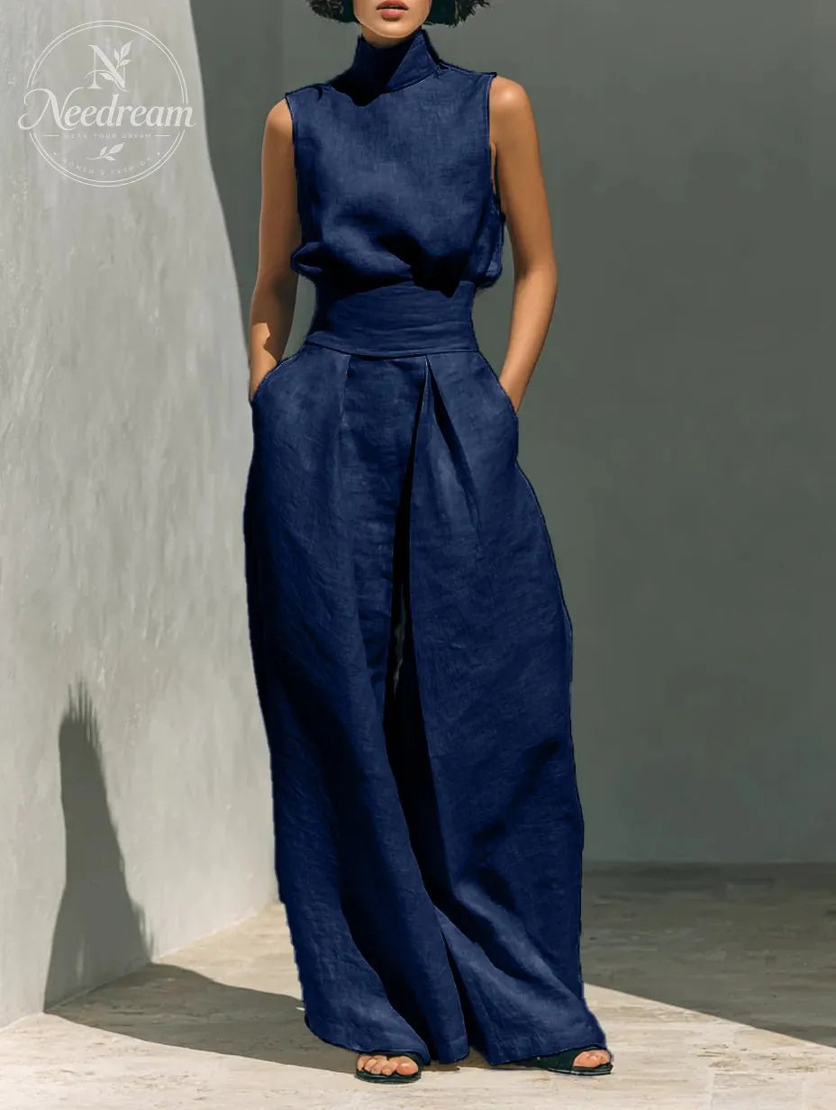 Women's Minimalist Cotton And Linen Blend Sleeveless Blouse And Wide-leg Pants Set