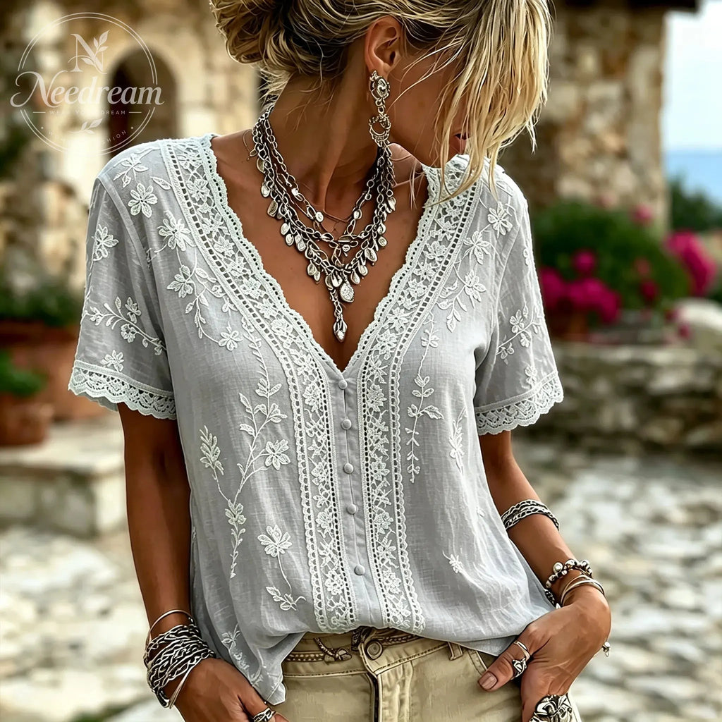 Women's White Floral And Lace Art Cotton Linen V-neck Short Sleeve Top