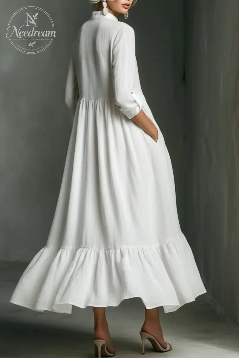 Women's White Long-sleeved Ruffled Maxi Dress