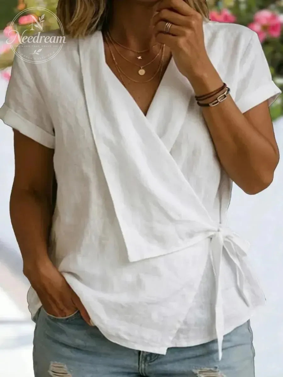 Cotton And Linen Wrap Detail V Neck Short Sleeve Irregularly Shaped Hem Casual Blouse