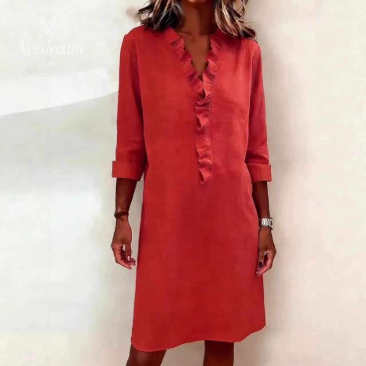 Ruffled V-Neck Solid Color Dress