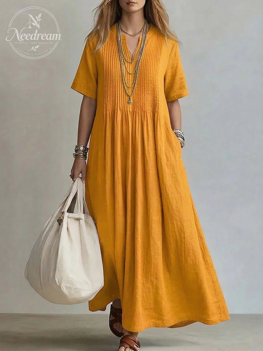 🔥 Women'S V-Neck Short-Sleeved Pleated Cotton-Linen Dress