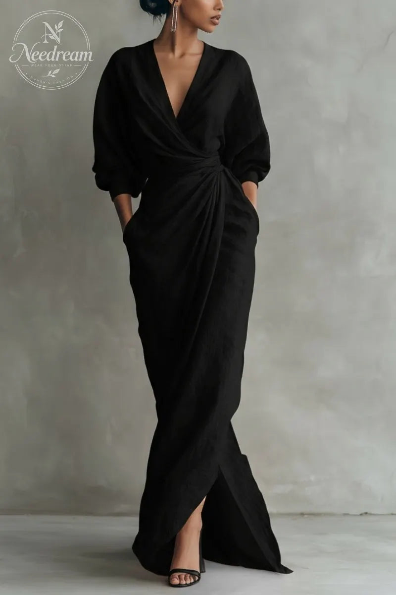 Women'S Pink Minimalist V-Neck Linen Blend Maxi Dress