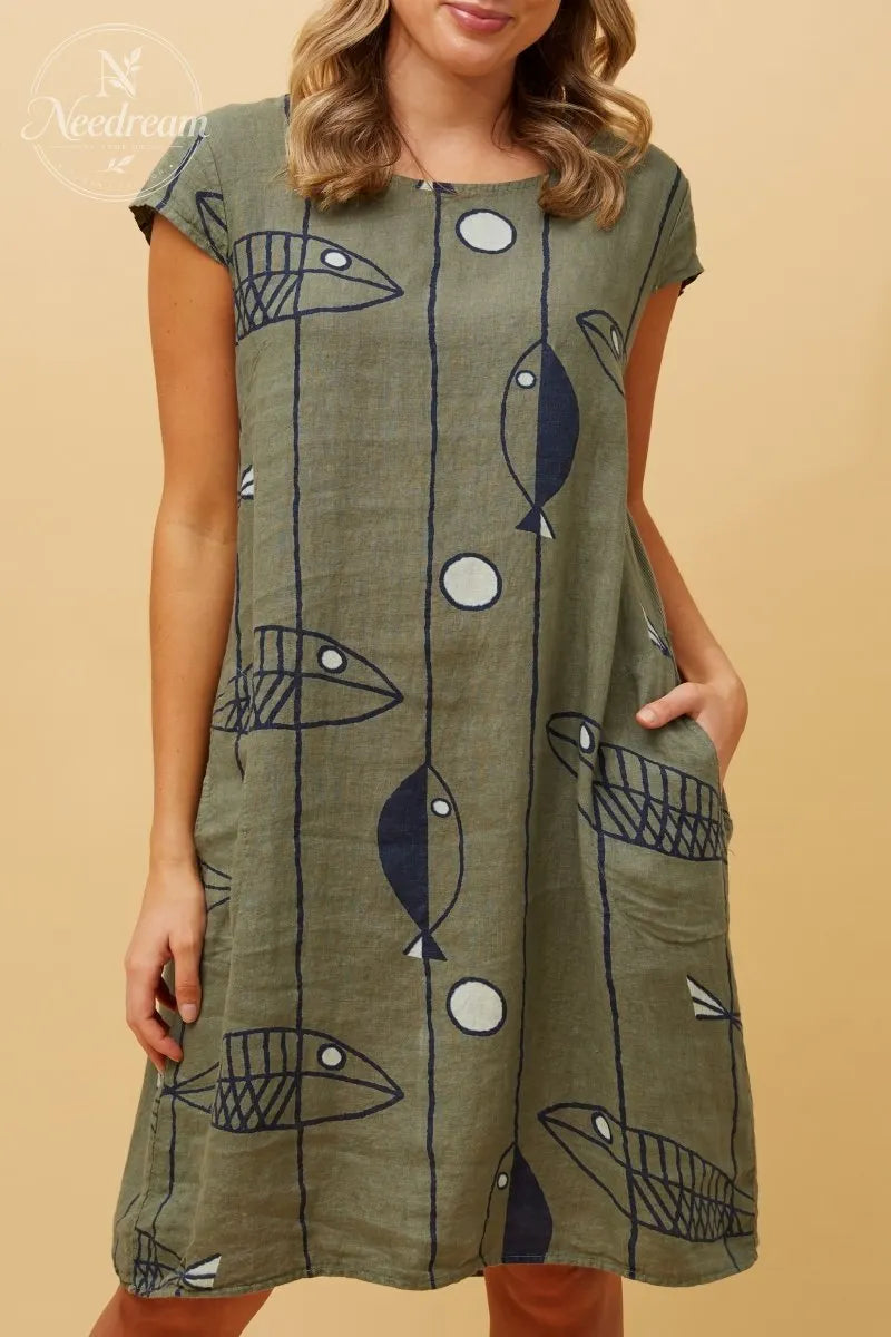 Sisley Fish Patten Linen Dress