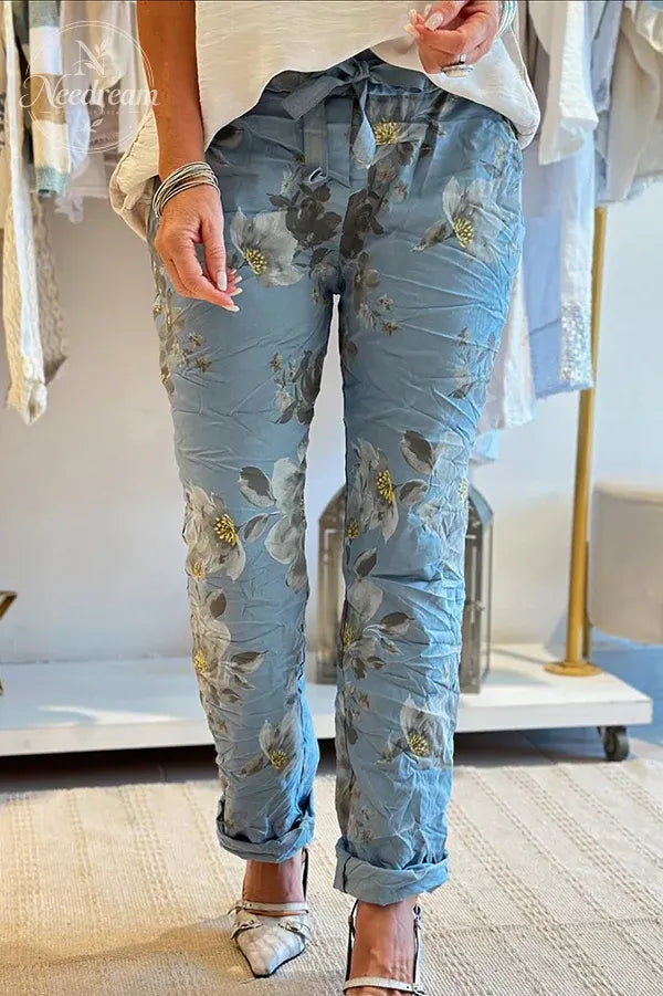 Women'S Floral Print Elastic Waist Casual Pocket Pants  (With Pockets)