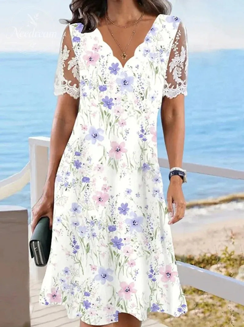 Wave-Neck Lace Short-Sleeved Floral Midi Dress