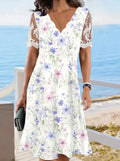 Wave-Neck Lace Short-Sleeved Floral Midi Dress