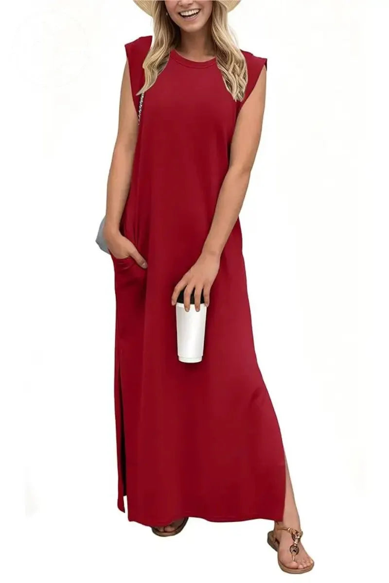 Women Summer Round Neck Casual Loose Split Wrinkle-Free Long Maxi Vacation Dress with Pockets