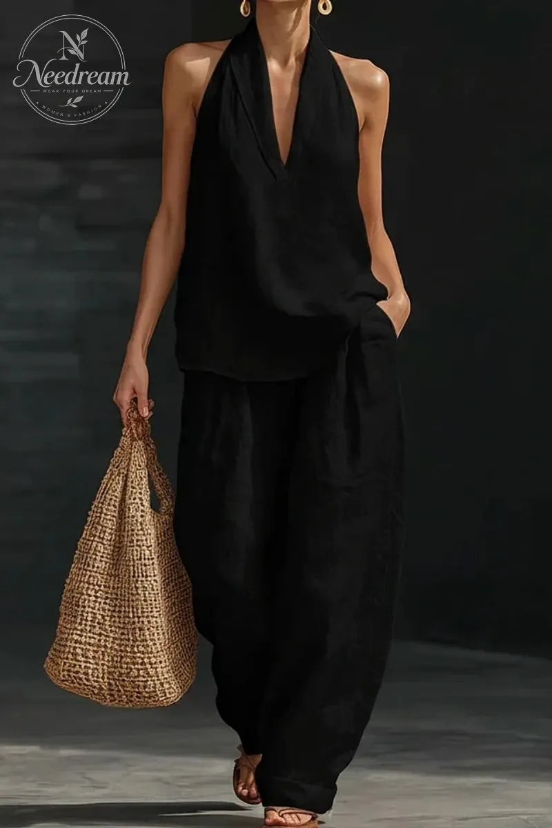 Women's V-neck Top + Tencel Linen Casual Suit