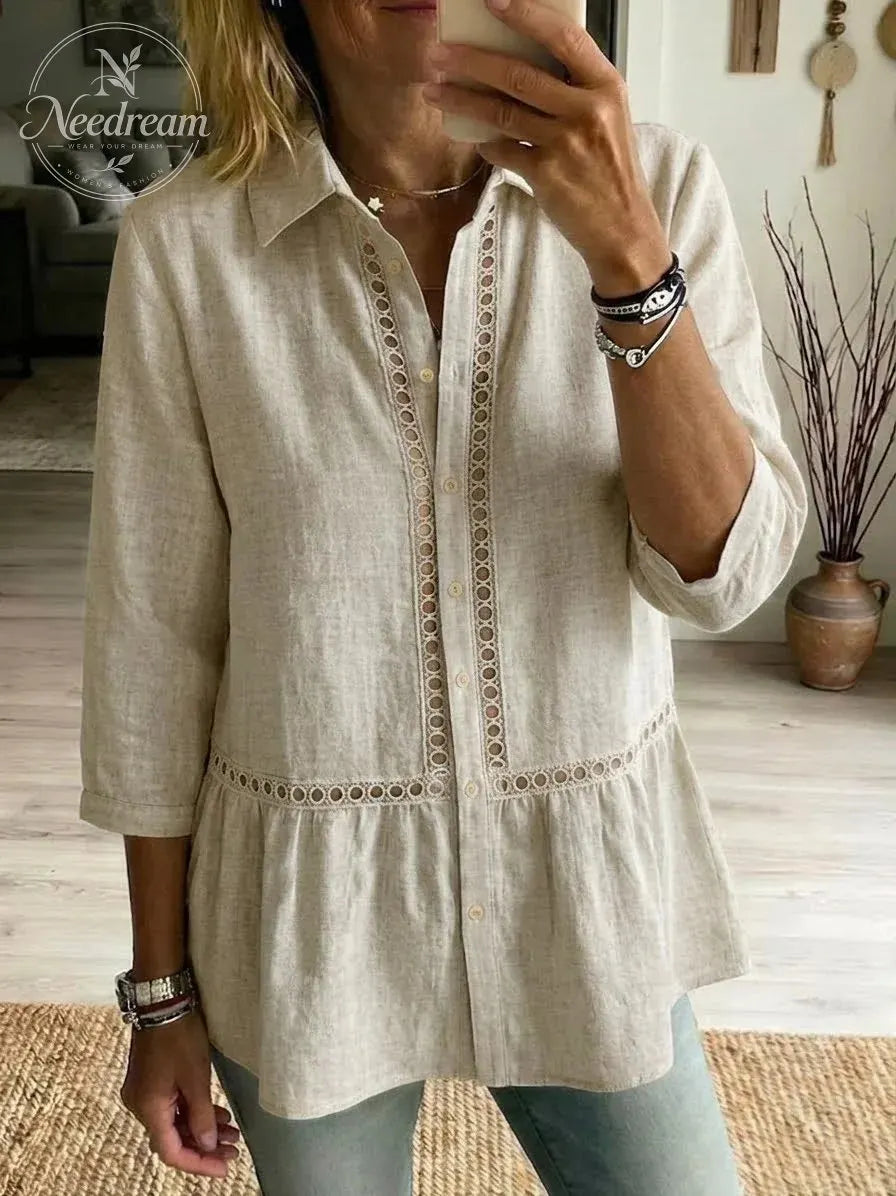 Women’s Casual Patchwork Openwork Webbing Linen And Cotton Shirt