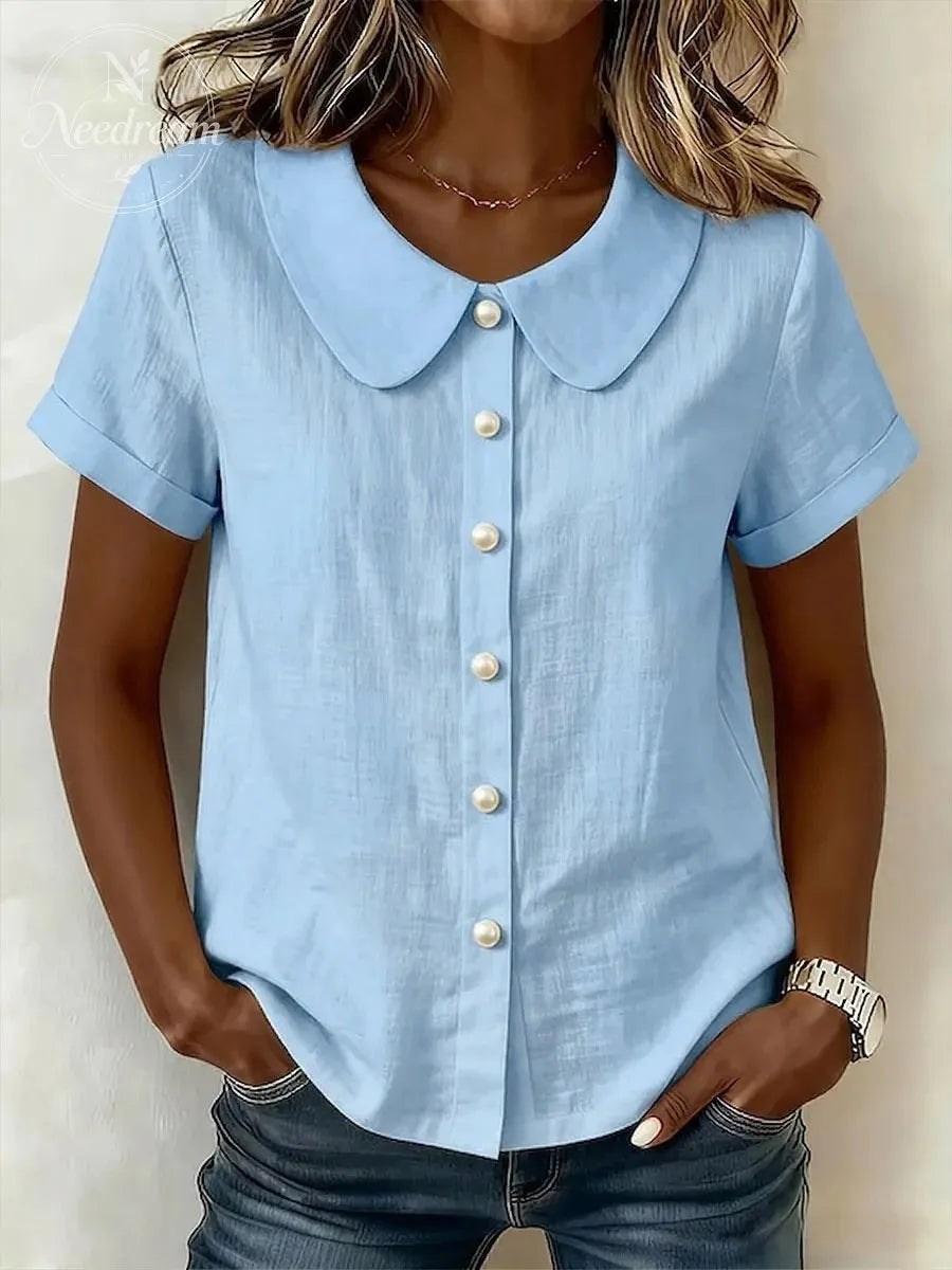 Women's Solid-Color Short-Sleeve Casual Loose Cotton-Linen Shirt with Peter Pan Collar