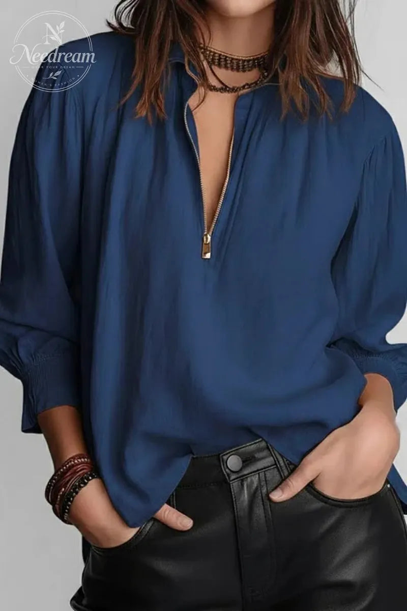 Women's Casual Solid Half Zip Stand Collar Long Sleeve Blouse