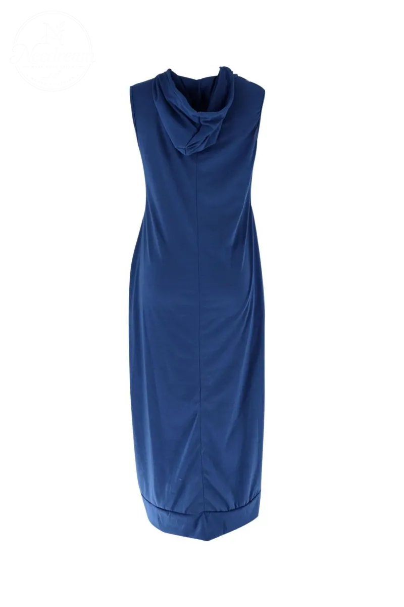 Women's Plain Drawstring Hooded Tank Dress, Casual Basic Pocket Sleeveless Dress