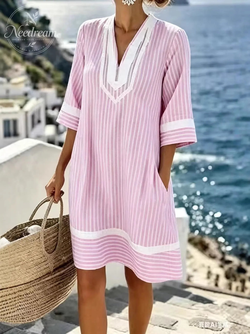 V-Neck Short Sleeve Striped Dress