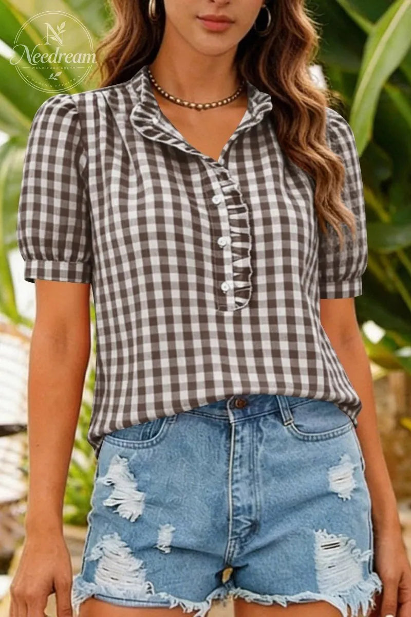 Women Puff Sleeve Plaid Blouses Dressy Casual Business Tops Ruffled Tirm Henley Shirts