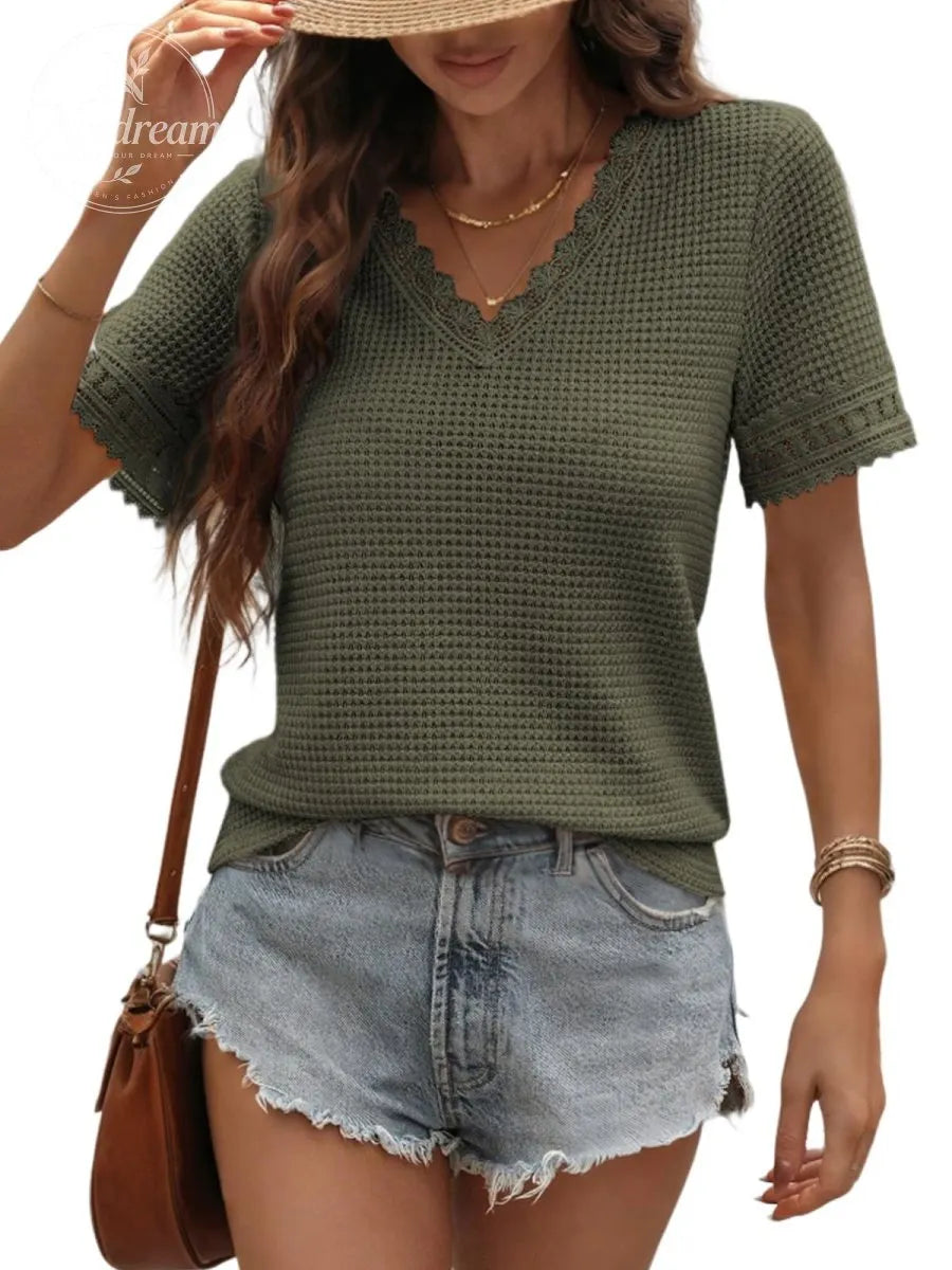 Women'S Casual V-Neck Short-Sleeved Waffle Knit Lace Patchwork Top