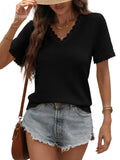 Women'S Casual V-Neck Short-Sleeved Waffle Knit Lace Patchwork Top