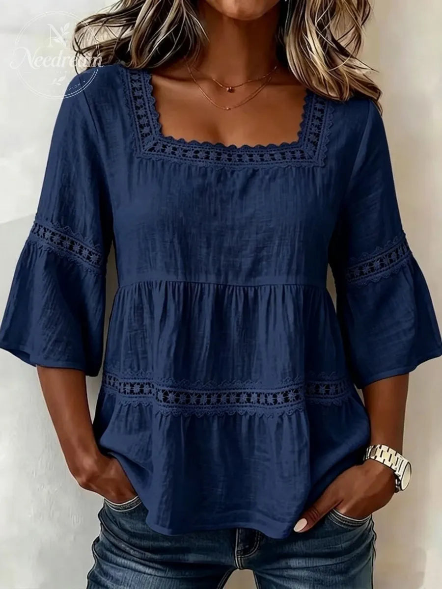 Women'S White Boho Blouse Crochet Lace Trim Bell Sleeve Tiered Flowy Top
