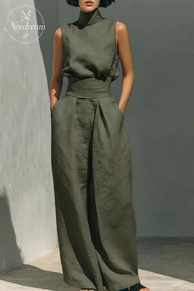 Women's Minimalist Cotton And Linen Blend Sleeveless Blouse And Wide-leg Pants Set