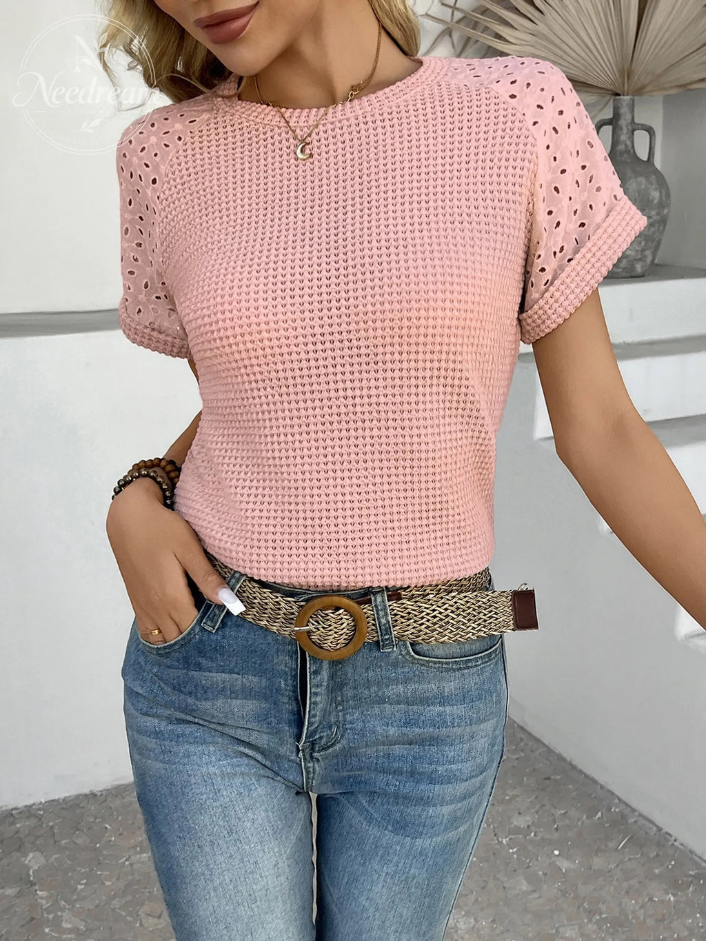 Hollow Out Waffle Knit Short Sleeve T- Shirt