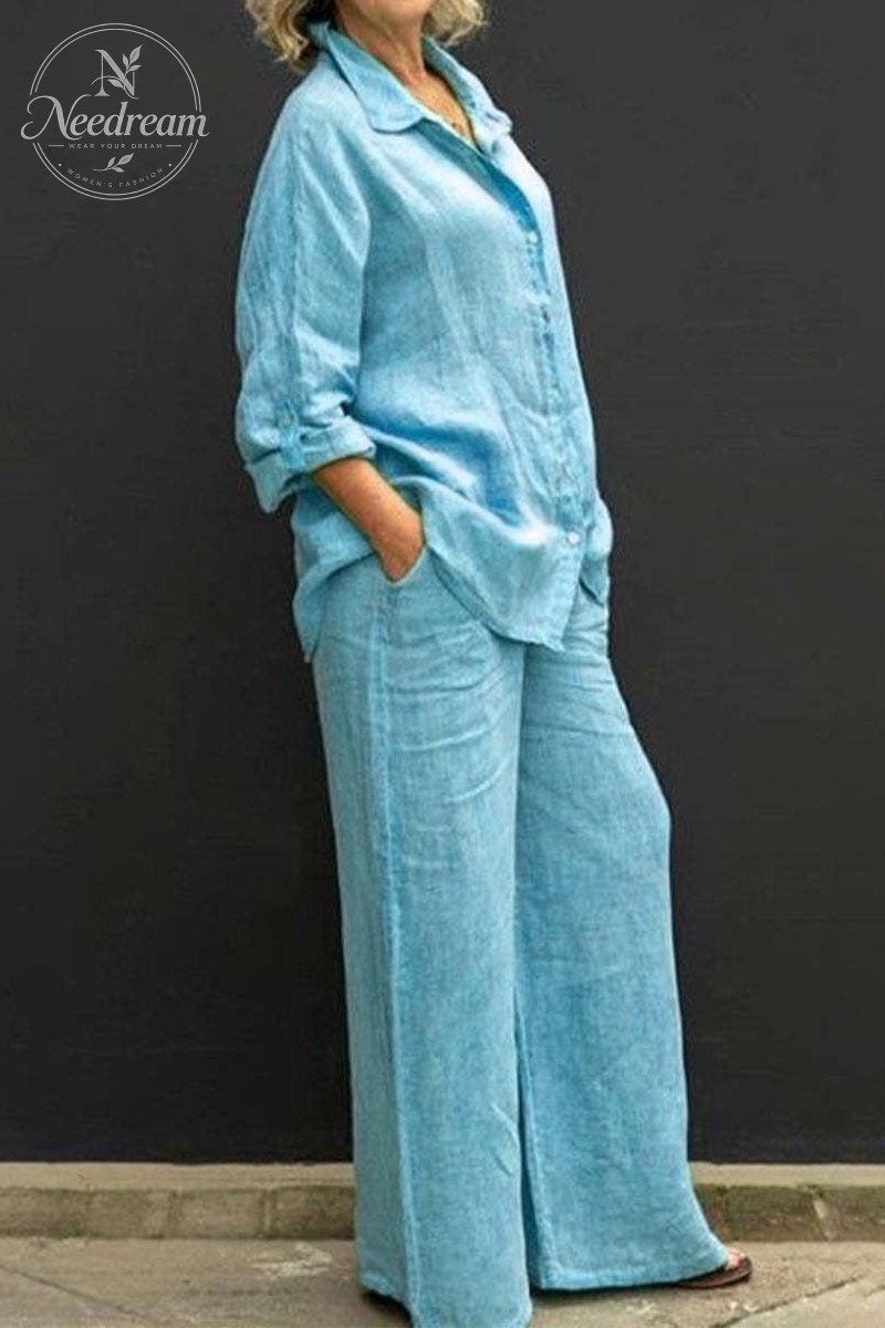 Women Linen Lapel Shirt Two Pieces Set Vintage Solid Long Sleeve Button Blouse and Loose Straight Pants Casual Suits
