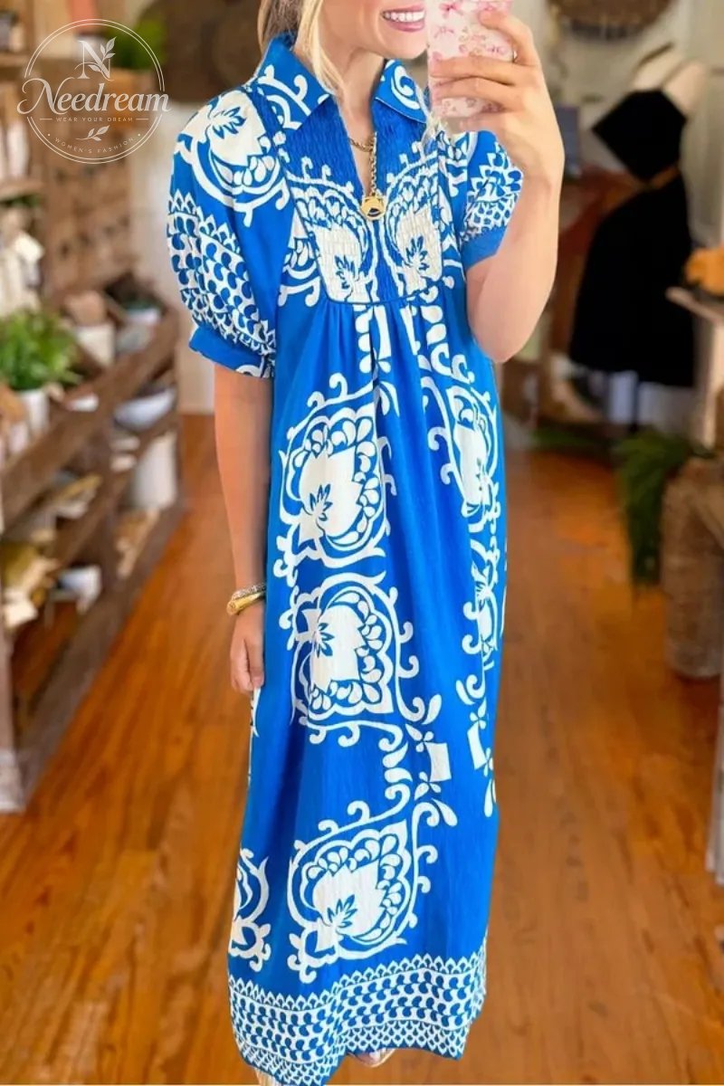 Blue Puff Sleeve Boho Midi Dress