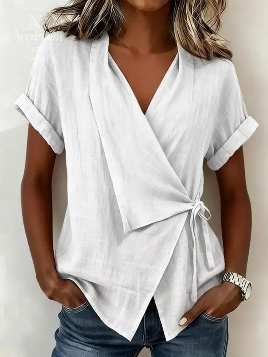 Cotton And Linen Wrap Detail V Neck Short Sleeve Irregularly Shaped Hem Casual Blouse