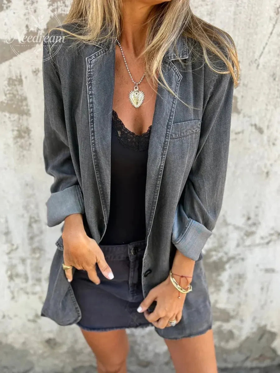 Women's Denim Cardigan Blazer Coat Notched Lapel Collar Casual Button Down Jacket with Pockets