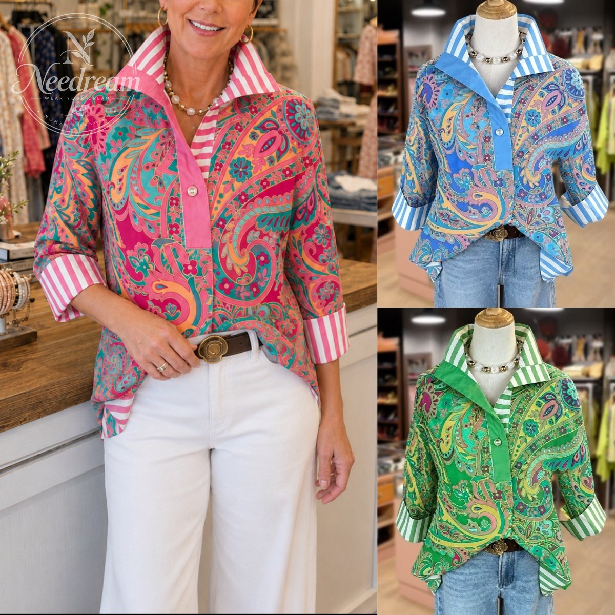 Retro Paisley Print Striped Collar Three Quater Sleeve Blouse
