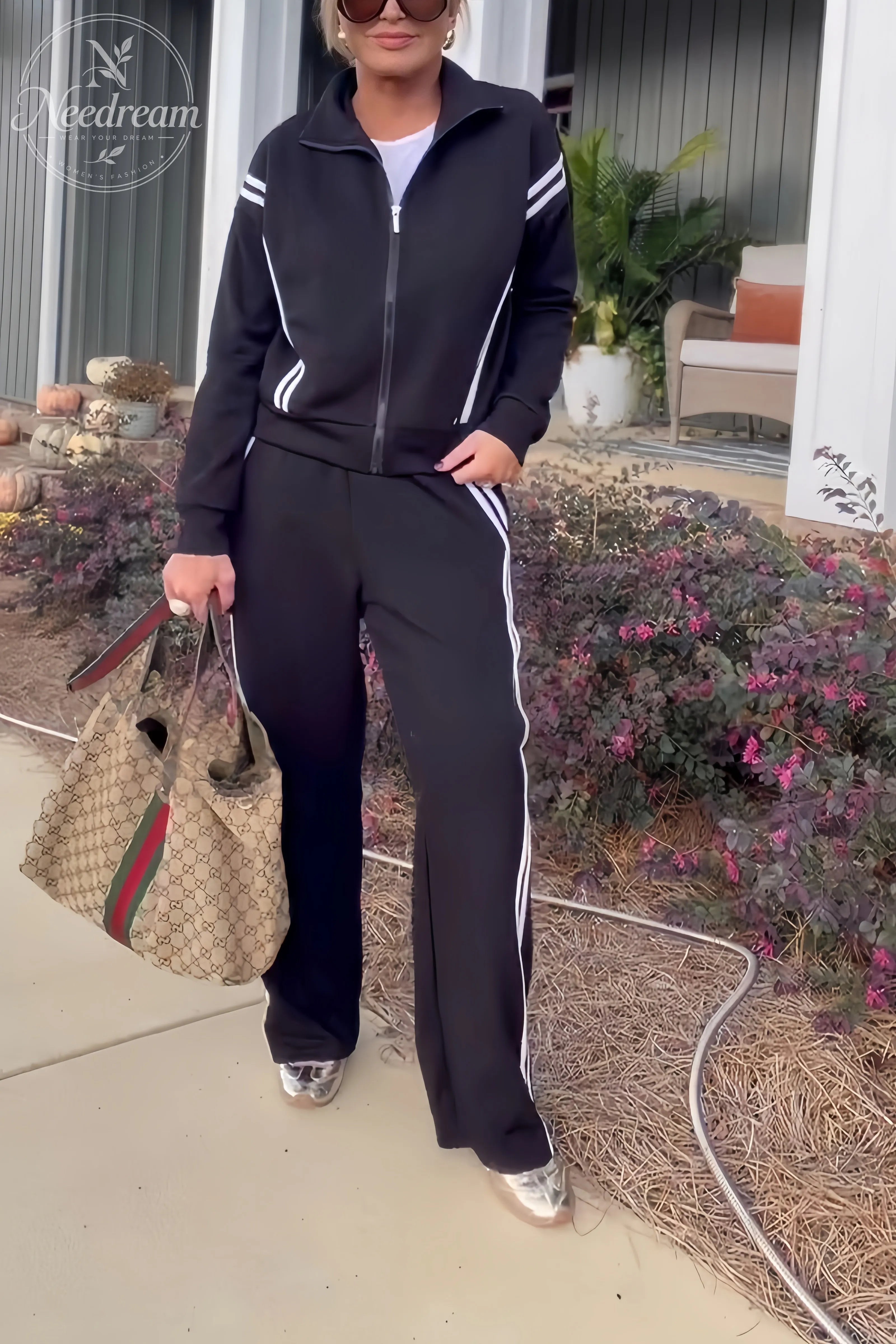 Zippered Tracksuit With Color-blocked Striped Wide-leg Pants