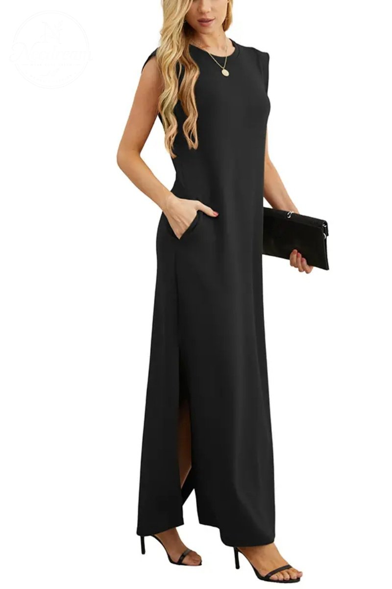 Women Summer Round Neck Casual Loose Split Wrinkle-Free Long Maxi Vacation Dress with Pockets