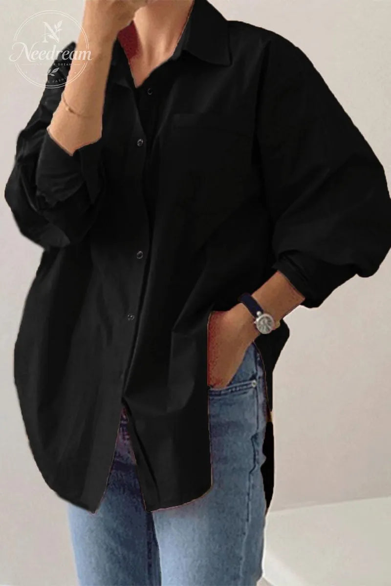 Women's Plain Button Front Drop Shoulder Shirt Blouse