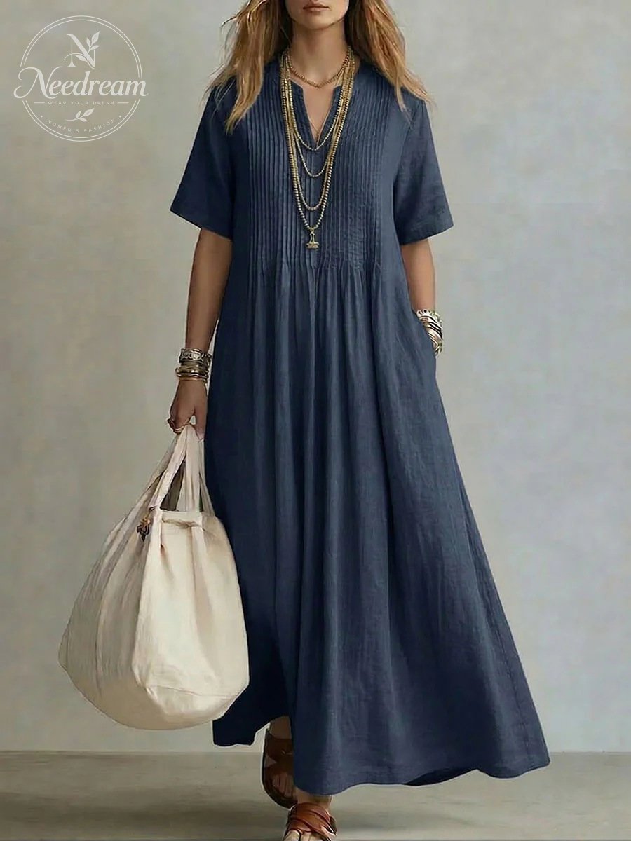 🔥 Women'S V-Neck Short-Sleeved Pleated Cotton-Linen Dress