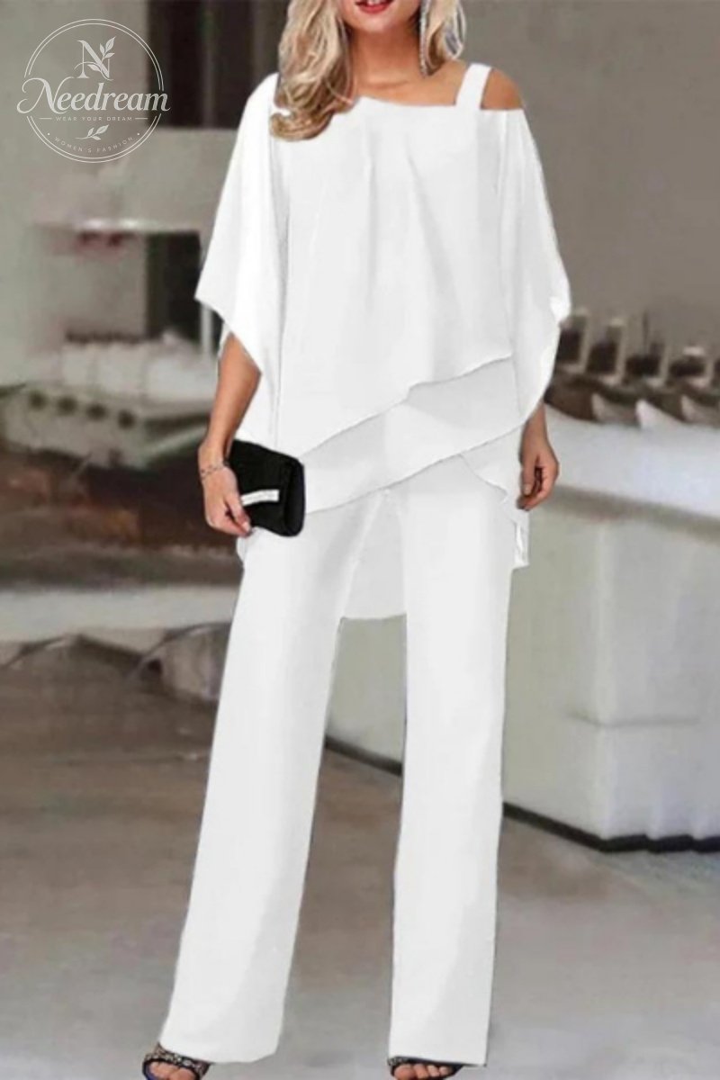 Elegant Layered Chiffon Top & Wide-Leg Pants Set