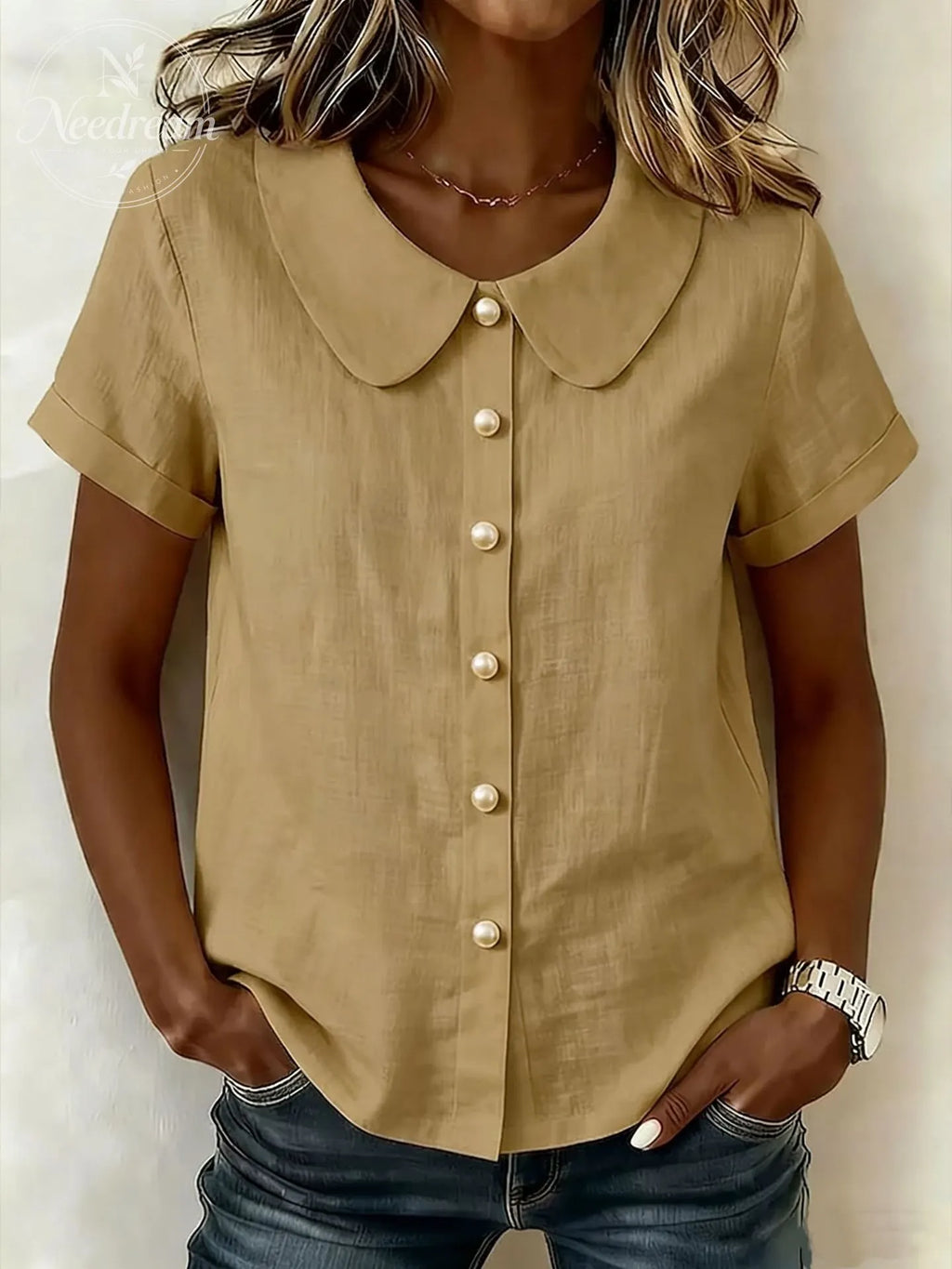 Women's Solid-Color Short-Sleeve Casual Loose Cotton-Linen Shirt with Peter Pan Collar