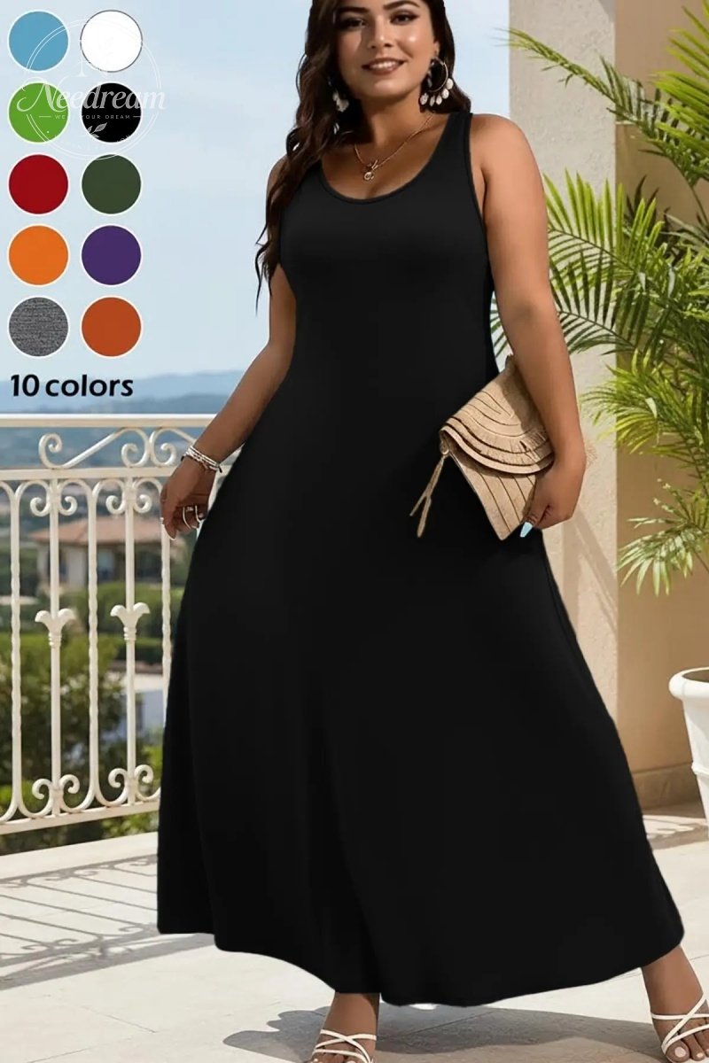 Elegant Plus Size Women's Solid Color Sleeveless Vest Dress, Vacation Style Slimming Bodycon Dress