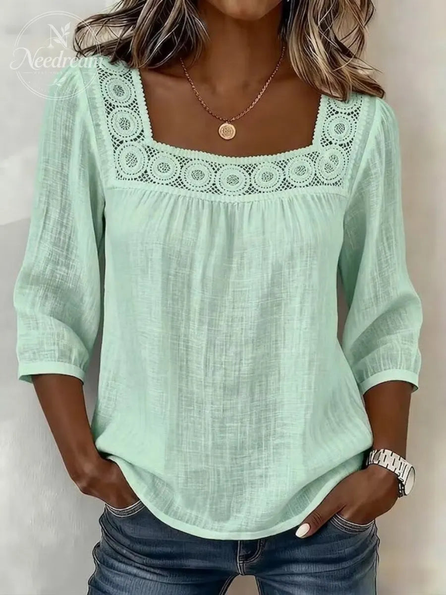 Lace Patchwork Blouse With A Square Neckline