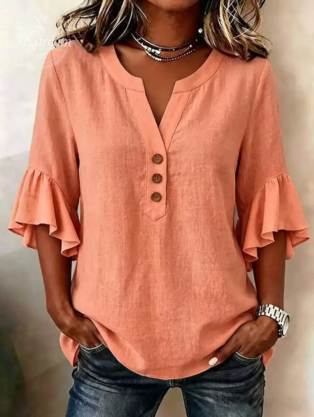 Women'S Solid-Color V-Neck 3/4-Sleeve Casual Loose Cotton-Linen Top