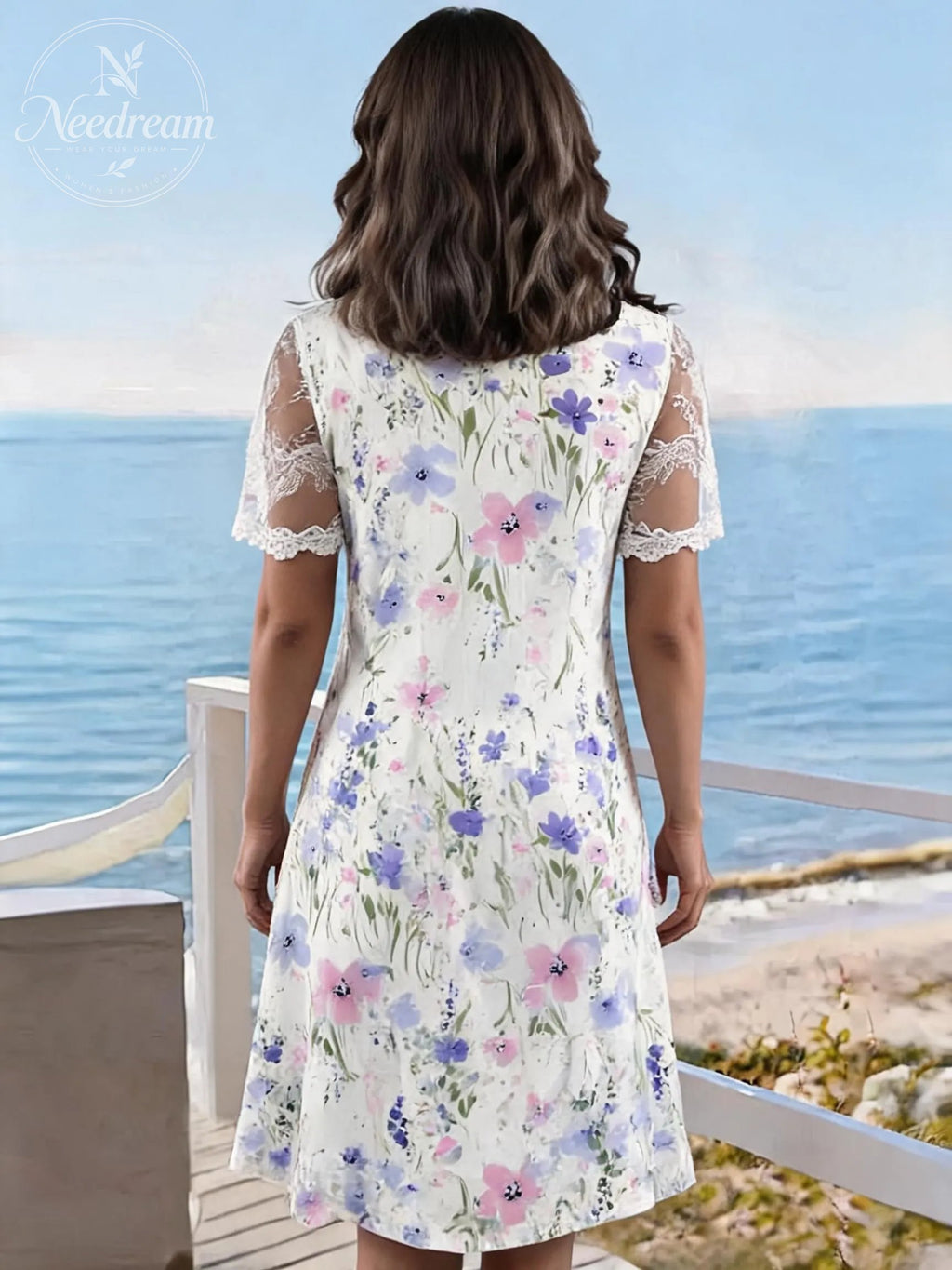 Wave-Neck Lace Short-Sleeved Floral Midi Dress