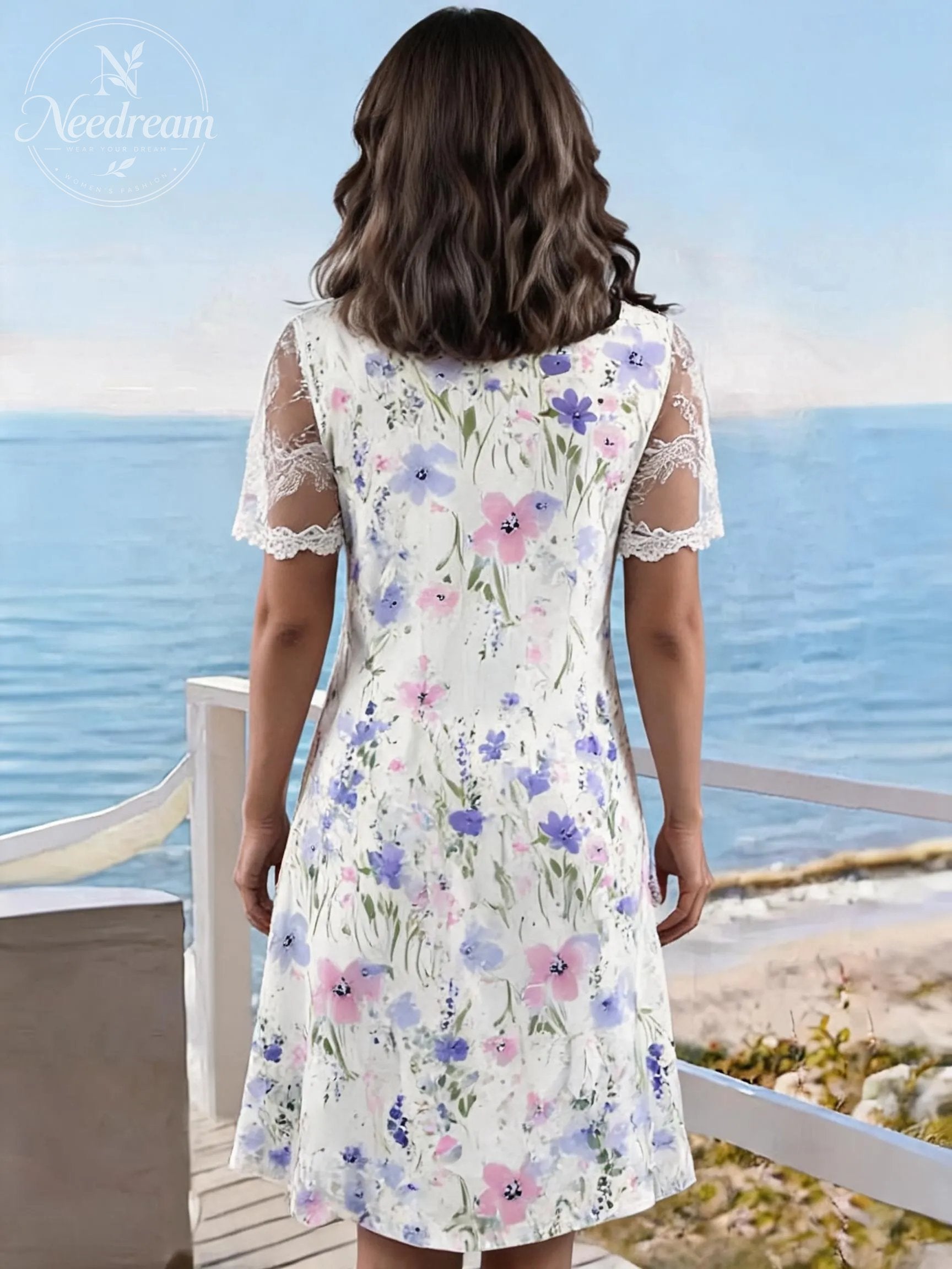 Wave-Neck Lace Short-Sleeved Floral Midi Dress