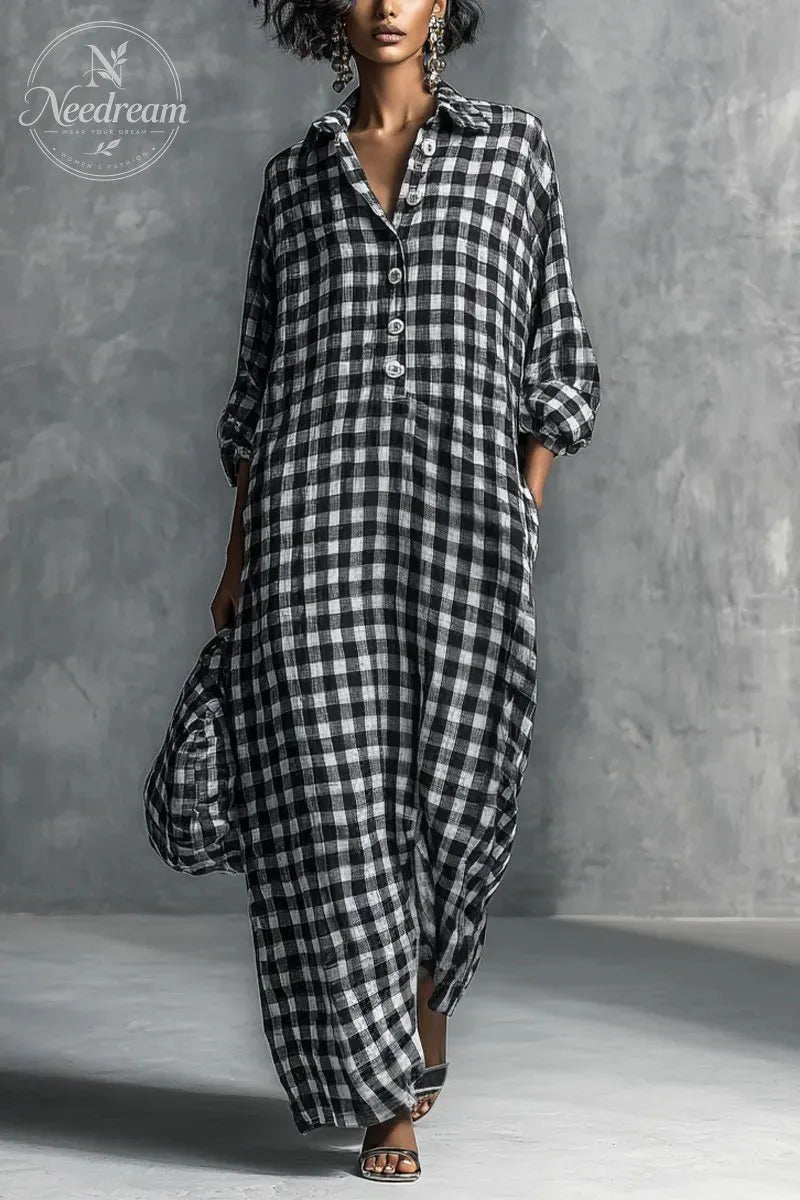 Women's Casual Black And White Checkered Shirt-style Long Dress