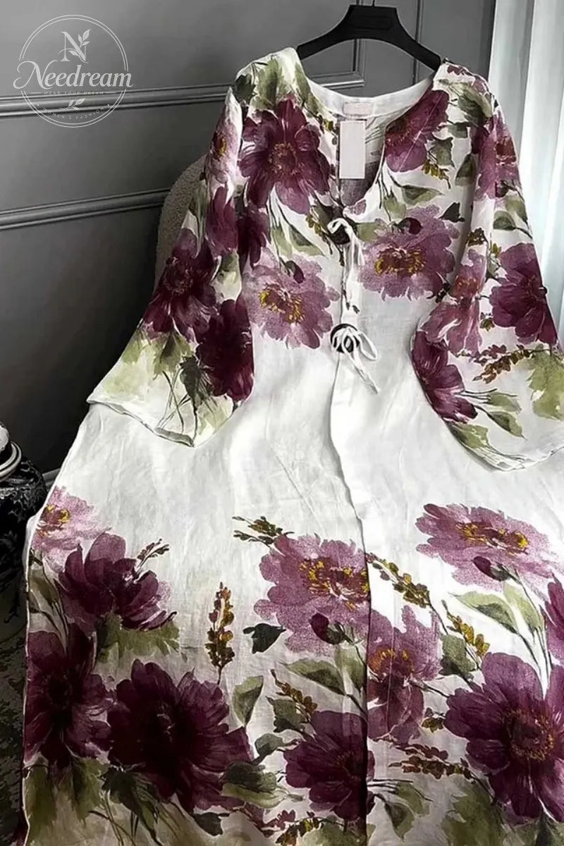 V-neck Long-sleeved Button-decorated Printed Casual Loose Dress