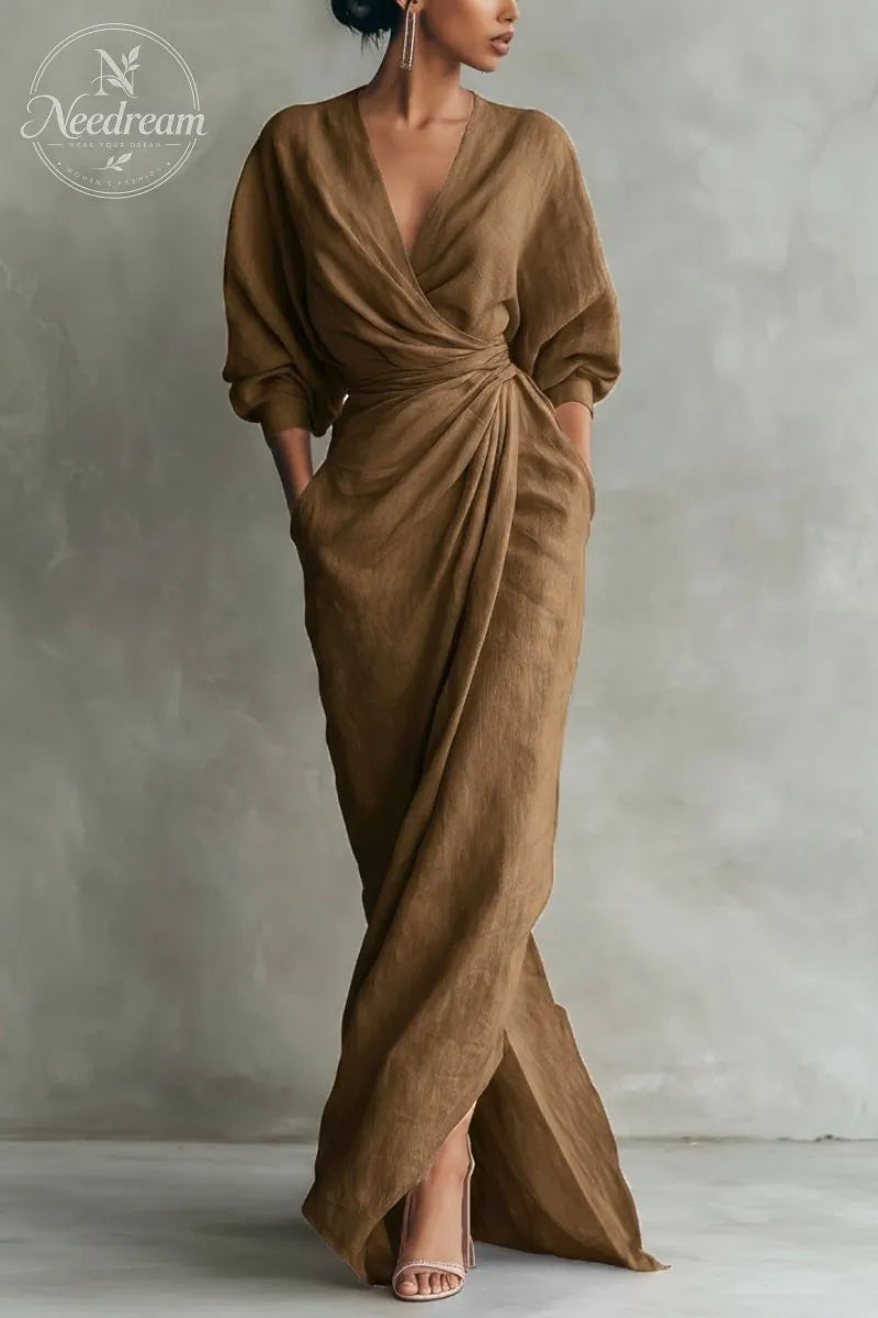 Women'S Pink Minimalist V-Neck Linen Blend Maxi Dress