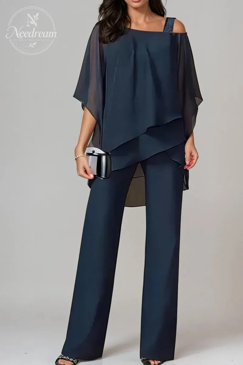 Elegant Layered Chiffon Top & Wide-Leg Pants Set