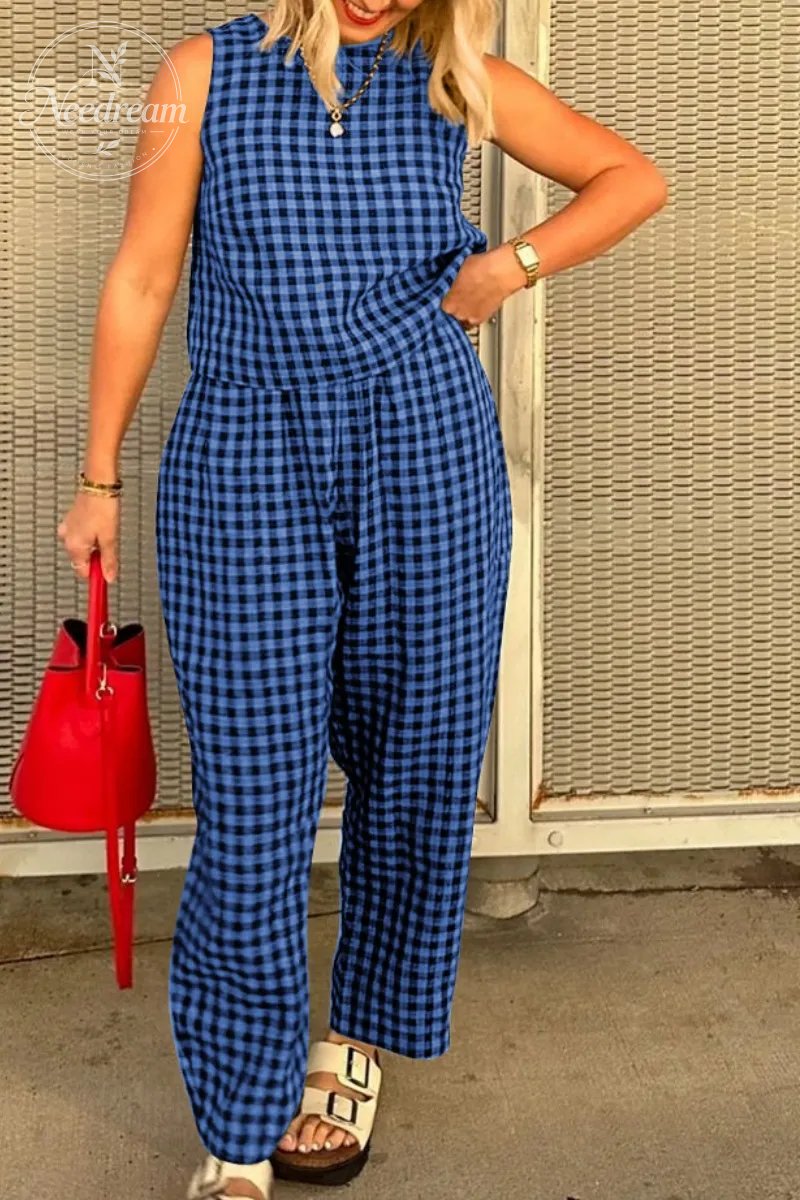 Summer New Women's 2 Piece Set Cotton Plaid Crop Top Loose Fit Pocket Nine-Tenths Pants