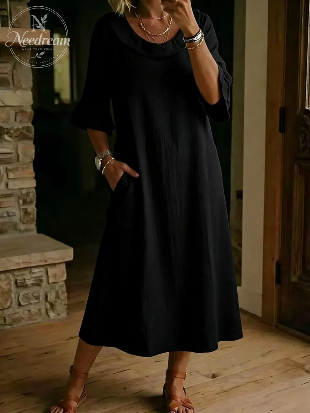 Cotton Linen Neck Ruffle Casual Dress