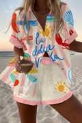 Seaside Holiday Striped Print Shirt & Shorts Two-Piece Set