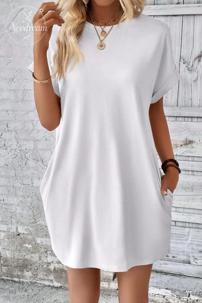 Casual Minimalist Round Neck Roll Up Sleeve Dress